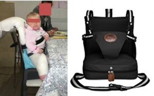 a: Clara col suo gesso (pelvimalleolare) seduta su alzatina; b: Kiduku sedile booster